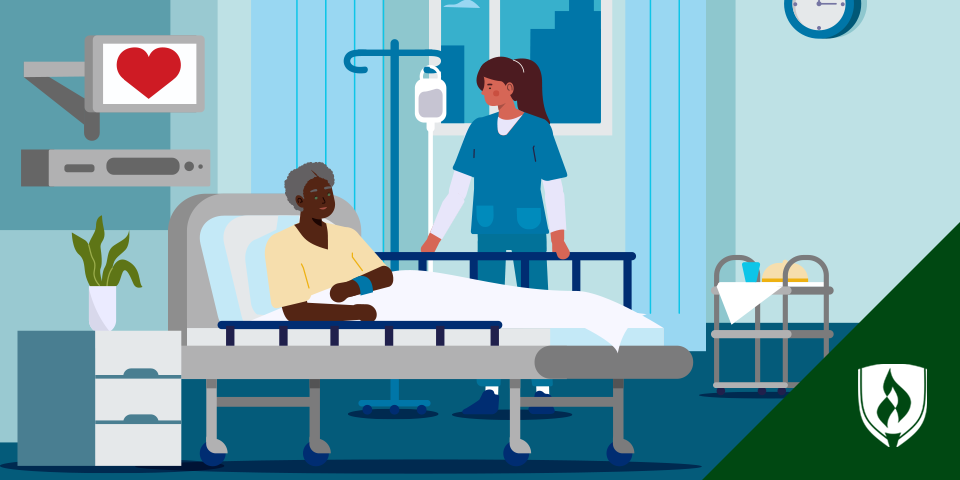 illustration of a cardiac nursing taking care of a cardiology patient with a heart monitor and an iv drip