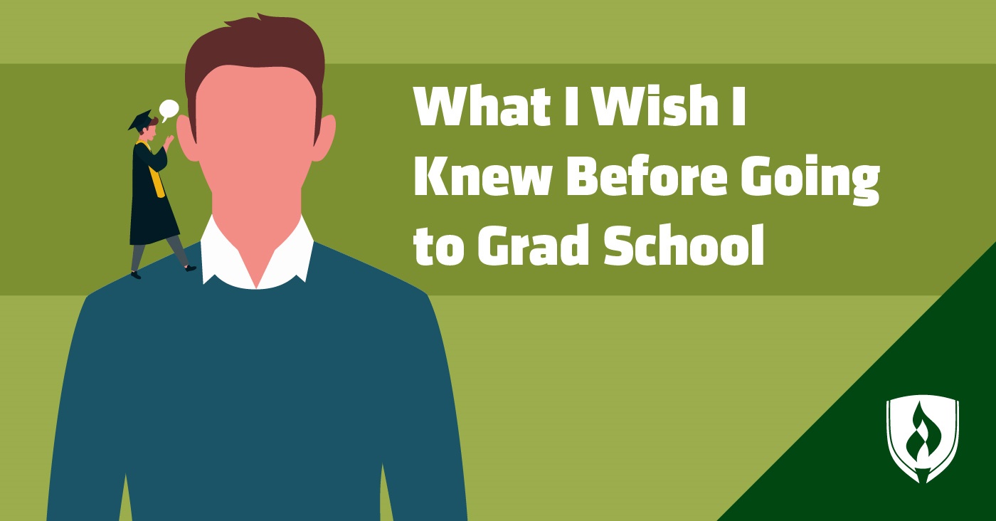 man with a miniature version of himself in a cap and gown whispering advice into his ear