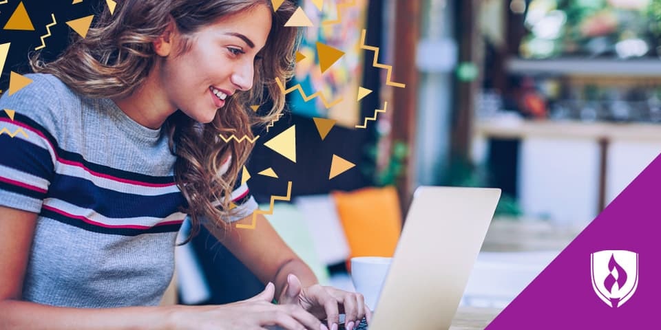 photo of a graphic designer working at a laptop with illustrations of shapes around her head