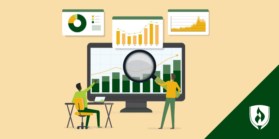 illustration of a two business analysts looking a bar graph on a monitor