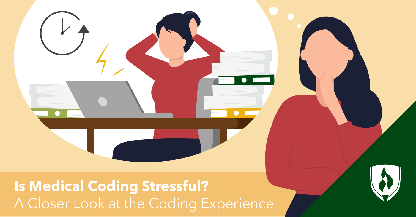 illustration of a someone imagining a medical coder working a desk looking stressed