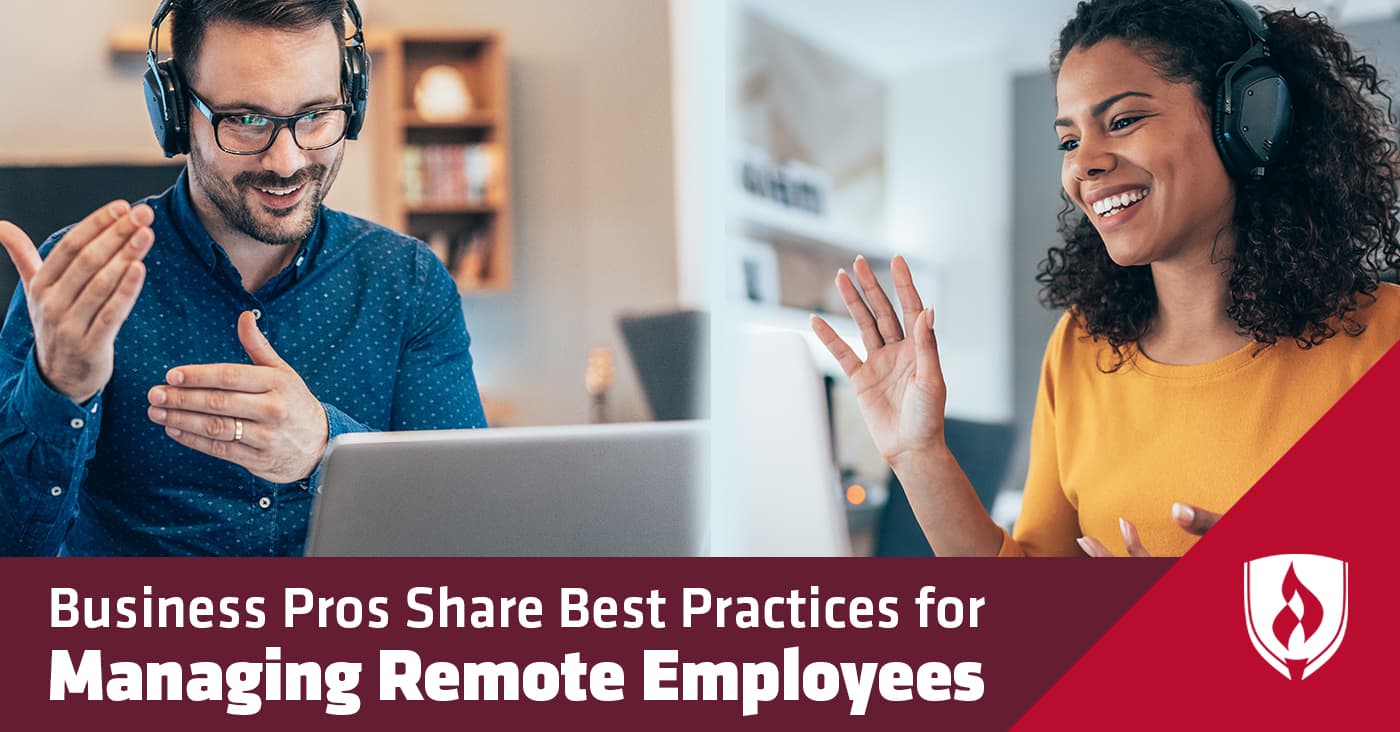 split screen of two employees talking on headsets at computers