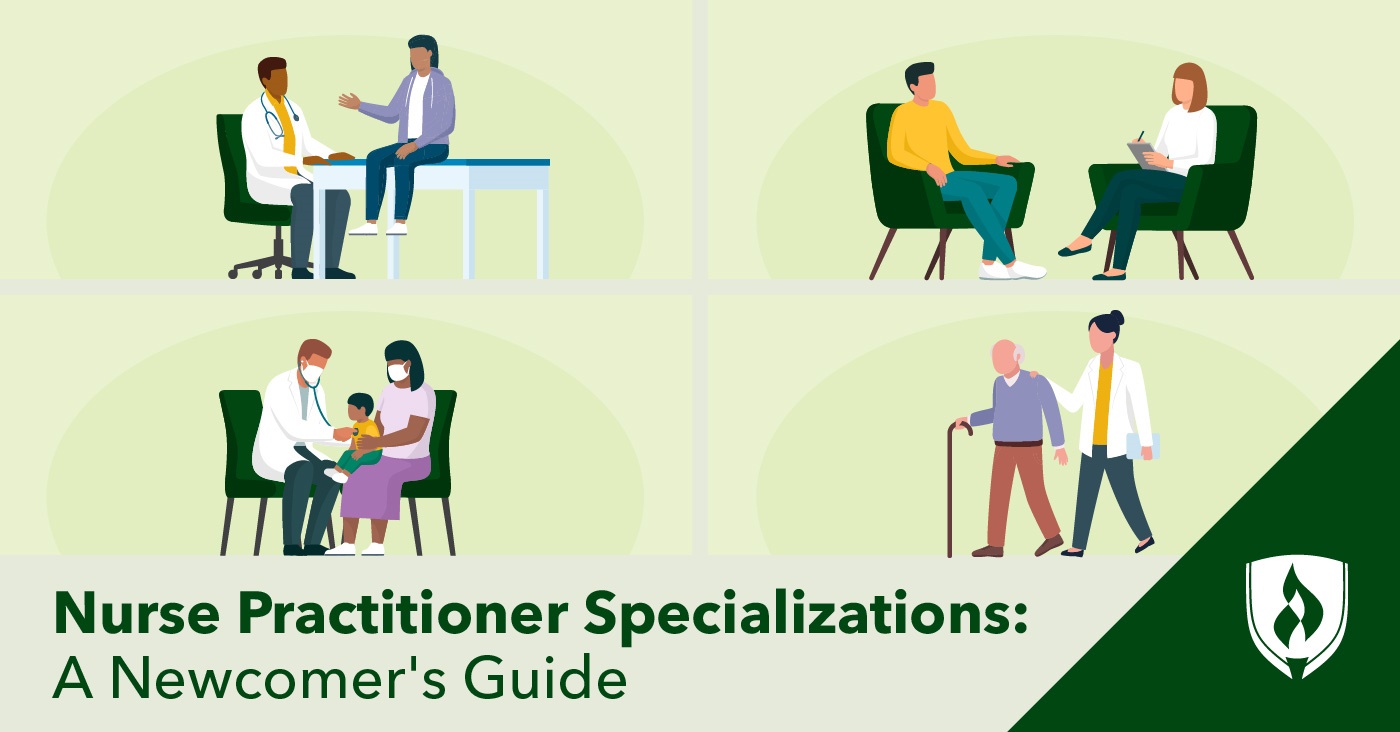 illustration of different np specialties showing nps practicing in different clinic settings