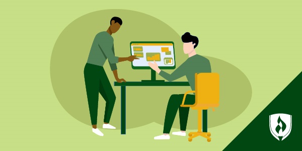 illustration of two people working at a computer representing starting a career in marketing