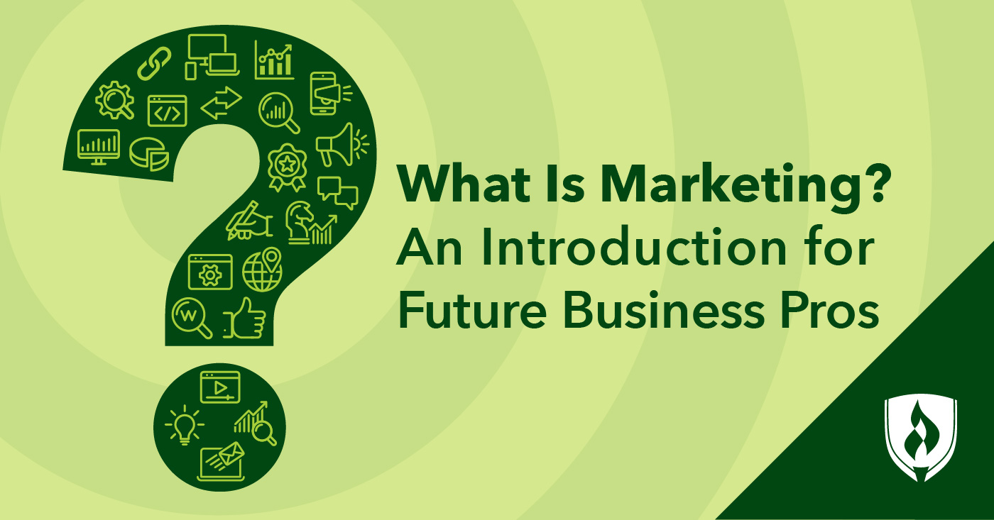 illustration of a question mark with marketing icons representing what is marketing