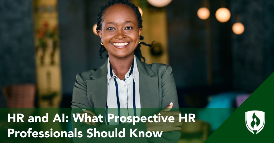 AI and HR header An HR pro smiles in a modern office