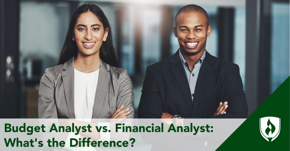 A budget analyst and financial analyst smile at the camera