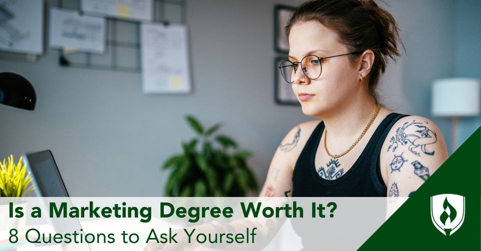 A student works on a marketing project