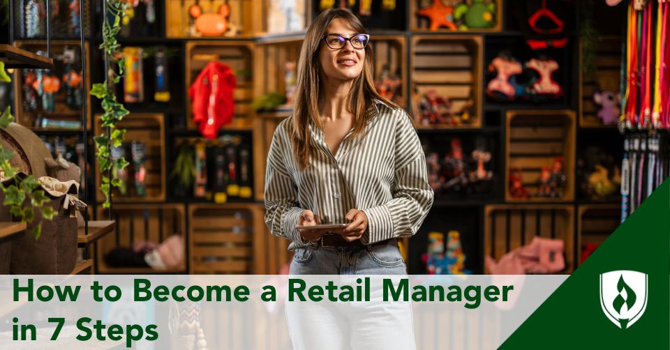 A retail manager stands in a petshop with a tablet