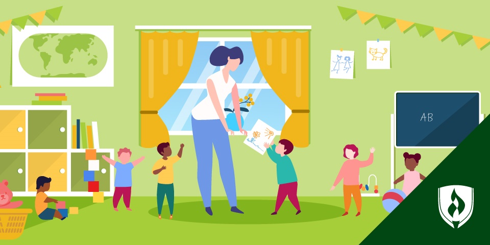 illustration of a preschool teacher with children in a classroom representing i love teaching