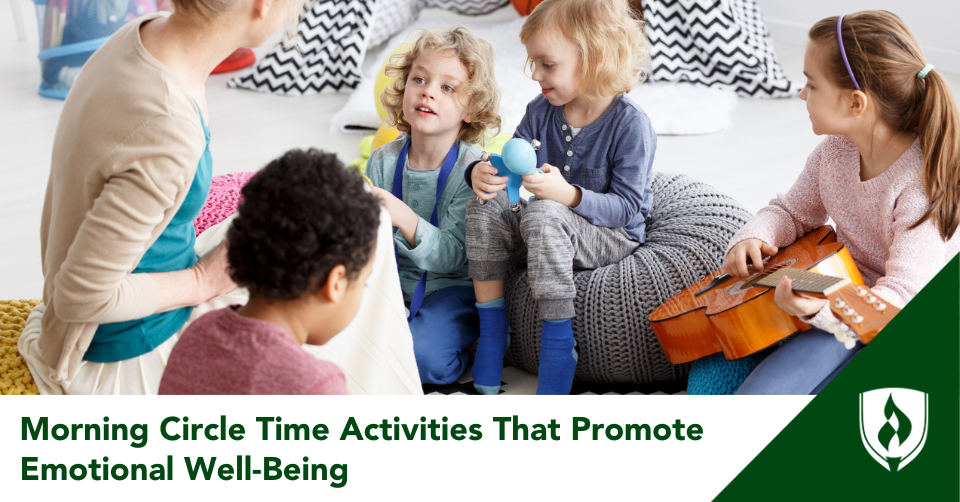 A childcare provider sits in a circle with children holding musical instruments