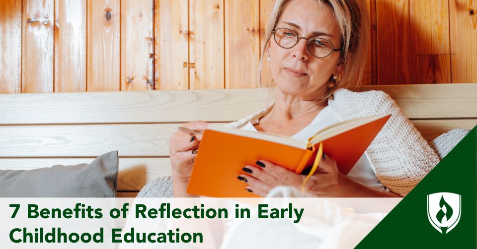 An ECE teacher sits with an orange journal