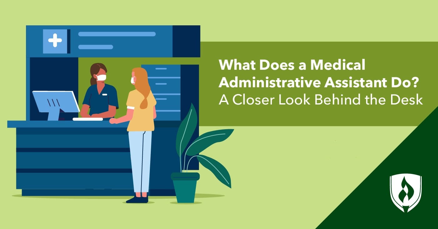 illustration of a medical administrative assistant behind a desk greeting a patient