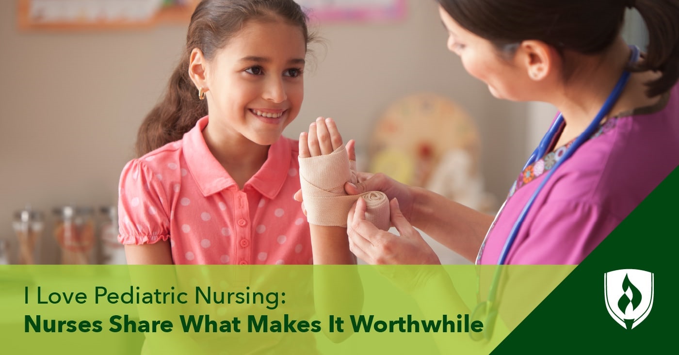 photo of a nurse wrapping a pediatric patient's wrist with an ace bandage representing pediatric nursing