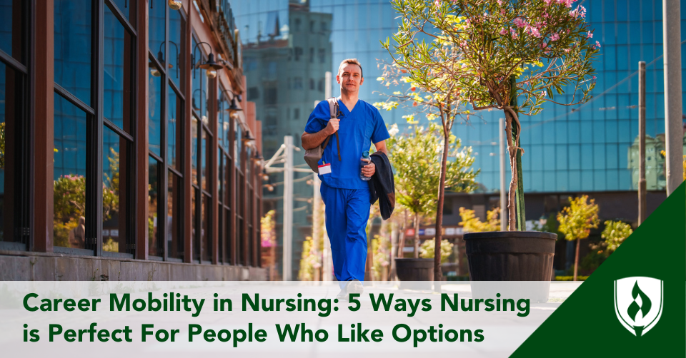 A nurse walks confidently down a city street with a grin on his face