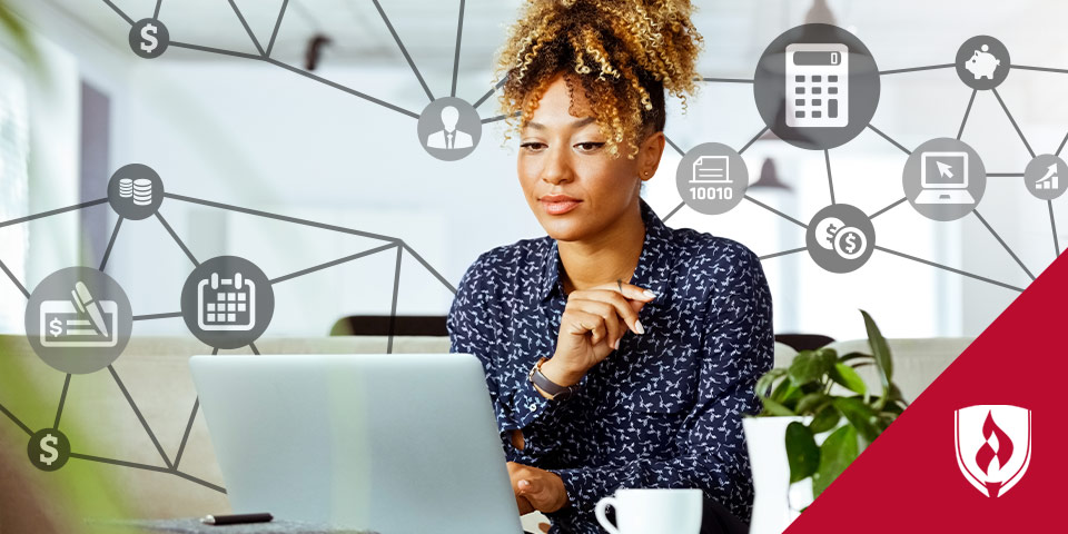 woman on laptop surrounded by accounting related icons