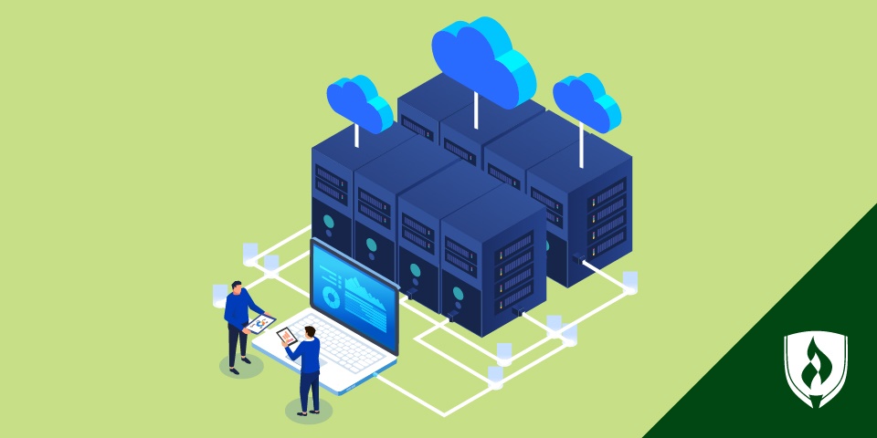 illustration of clouds coming out of network towers and network engeineers working on them representing what is a network engineer