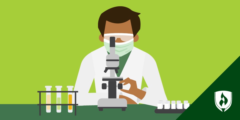 illustration of a clinical lab tech at a microscope